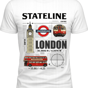 Premium white graphic tee featuring a vintage London design by Stateline.