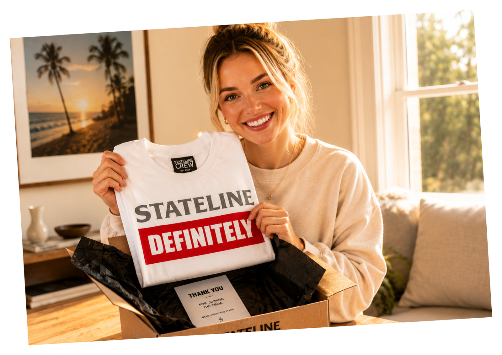 Woman receiving a personalised Stateline Mood Tee gift