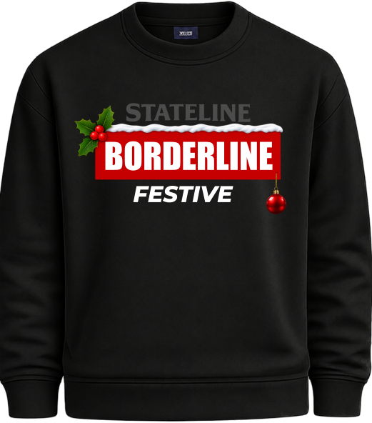 Black Borderline Festive Christmas sweatshirt with holly snow and bauble design