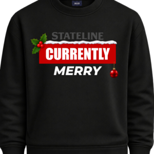 Black Currently Merry Christmas sweatshirt with festive holly and bauble design