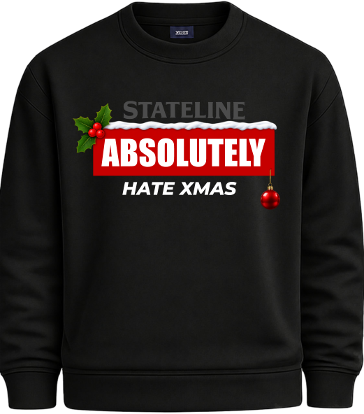 Black Absolutely Hate Xmas Christmas sweatshirt with festive holly and bauble design
