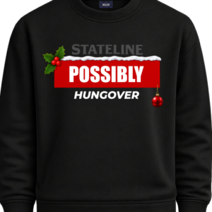 Black Possibly Hungover Christmas sweatshirt with festive holly and bauble design