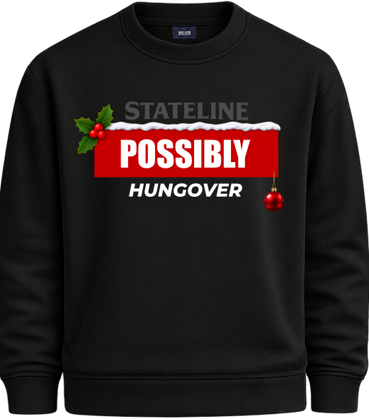 Black Possibly Hungover Christmas sweatshirt with festive holly and bauble design